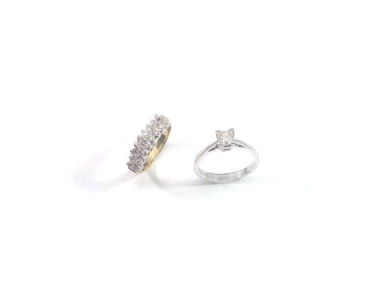 9CT WHITE & YELLOW GOLD, MULTI DIAMOND RING, AND 18CT WHITE GOLD PRINCESS DIAMOND RING